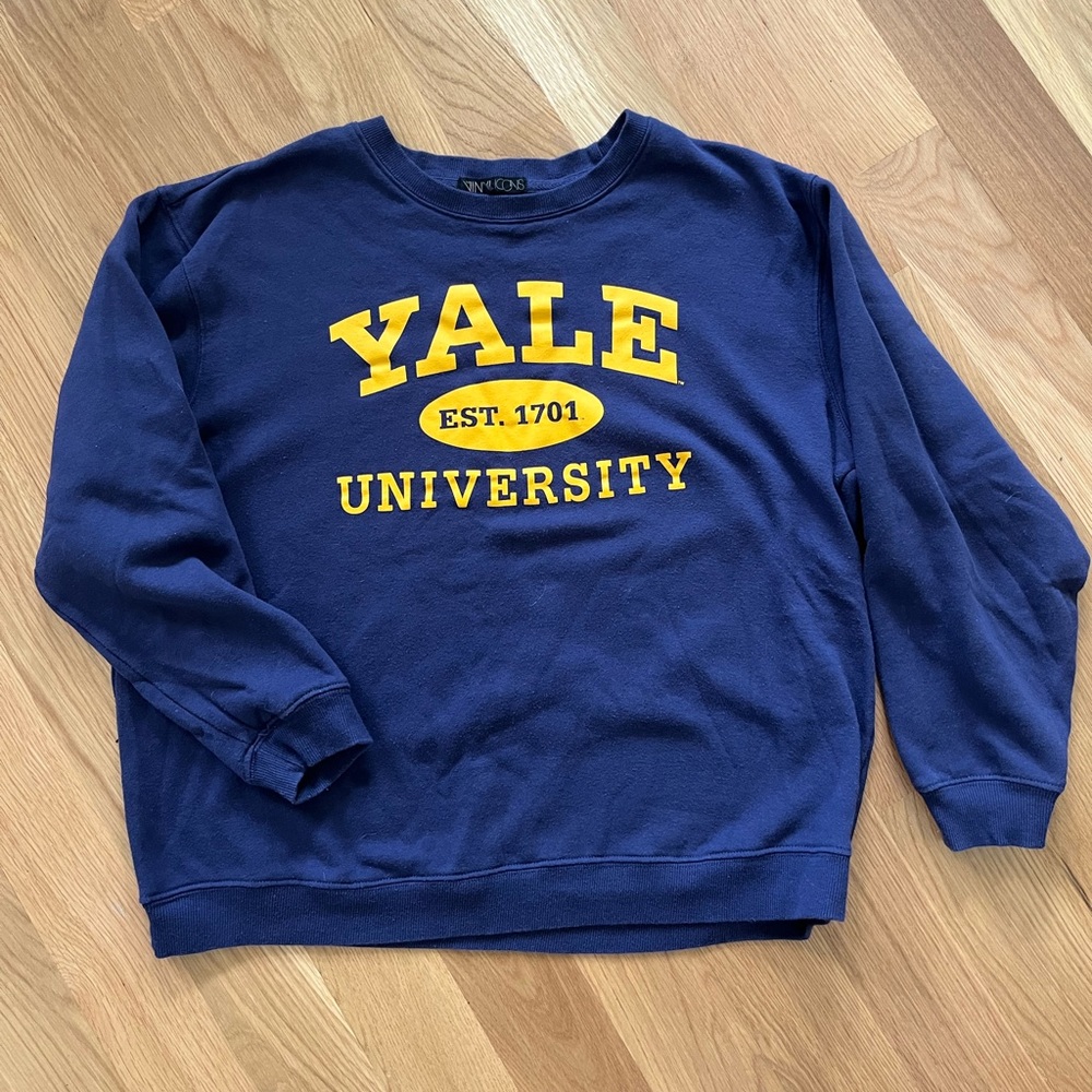 Yale University Youth Size Large Sweatshirt Navy Blue and Yellow Vinyl Icons
